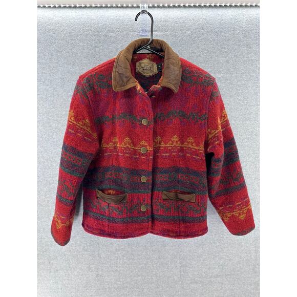 Vintage Woolrich Woman sz M Wool Leather Southwestern Red USA Button Down Jacket - Picture 1 of 10